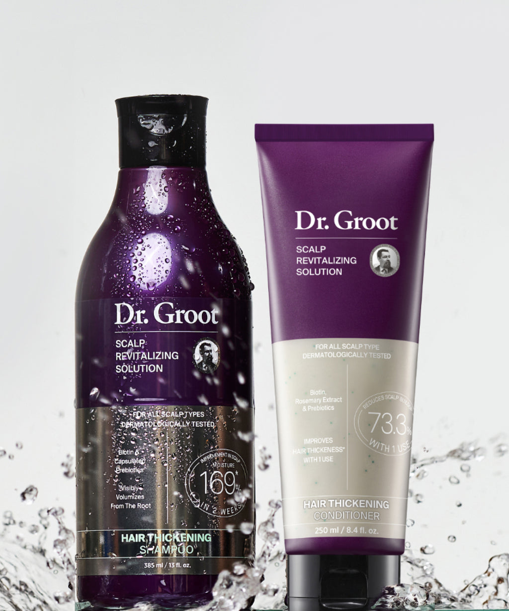 Dr. Groot Scalp Revitalizing Solution Thickening Essentials Duo for daily hair care, enhanced with Biotin, Caffeine, and Niacinamide.