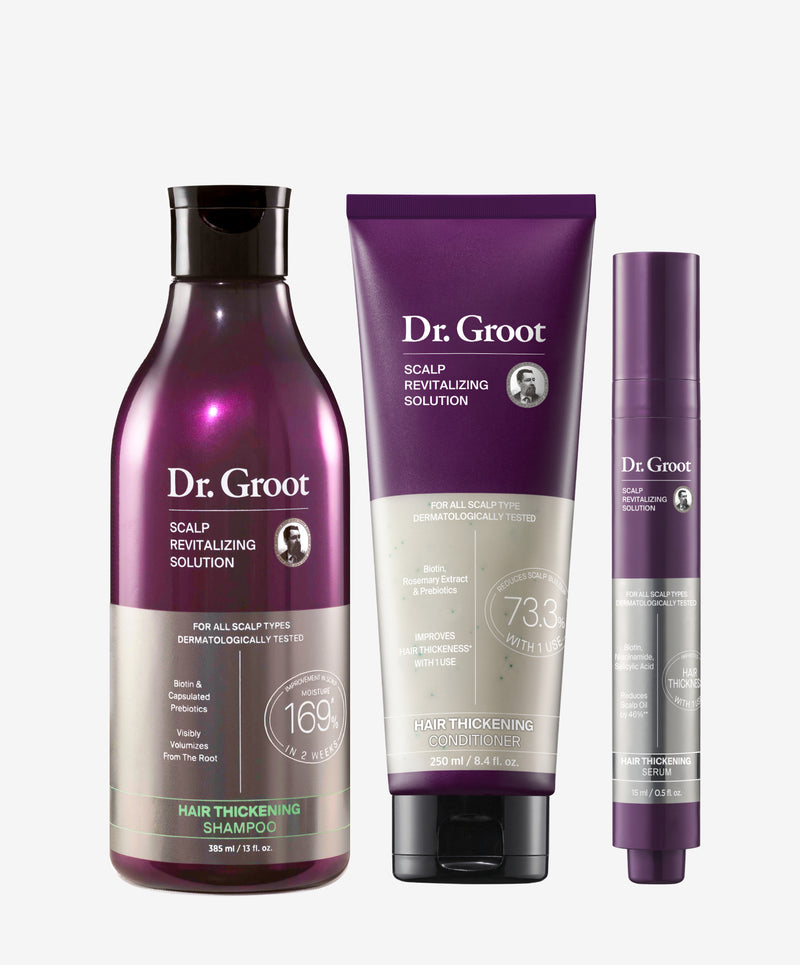 Dr. Groot Thickening Essentials Trio – Biotin shampoo, conditioner, and roll-on serum for hair thickening and growth