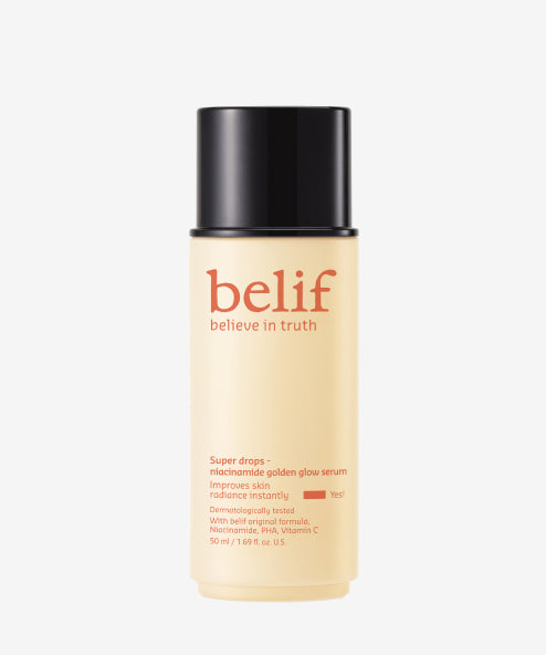 belif Super Drops Niacinamide Vitamin C Glow Serum K-beauty serum with golden micro-pearls to brighten, hydrate, and smooth skin texture