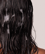 A model facing backwards with foamy, wet hair.

