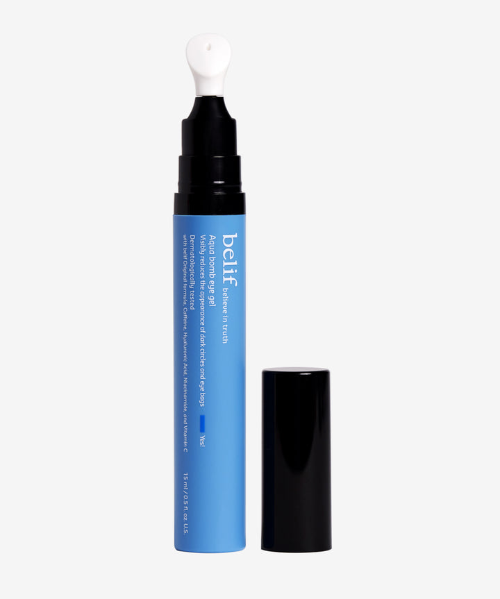 Aqua Bomb Eye Gel with Caffeine and Niacinamide for depuffing, brightening, and hydrating under-eye skin.