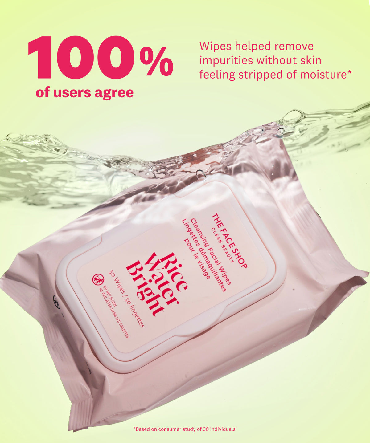 An image showing an open pack of Rice Water Bright Cleansing Wipes, with one wipe being pulled out of the pack opening on a light beige background.