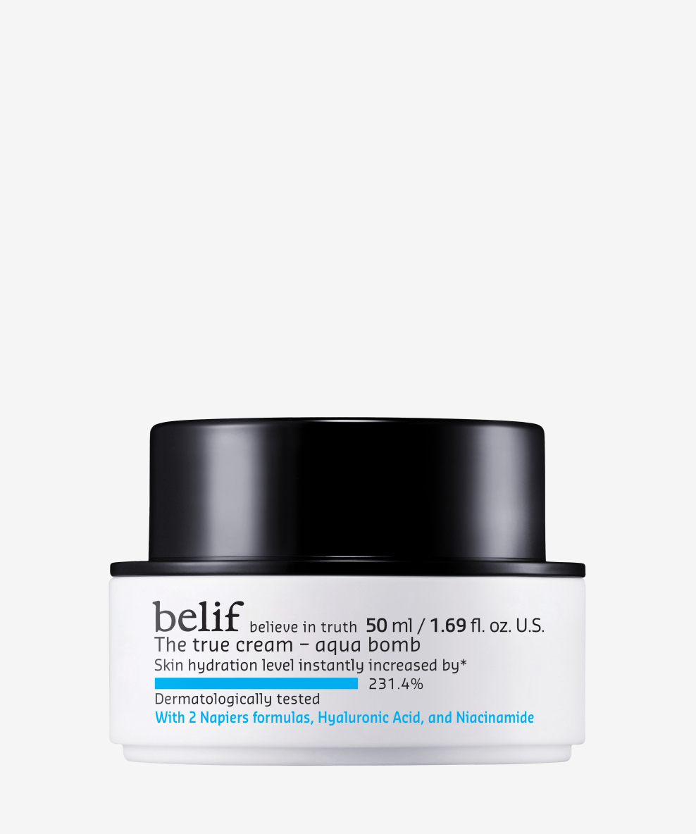 belif The True Cream Aqua Bomb K-beauty moisturizer in jar with soft texture, ideal for hydrating and plumping dry skin