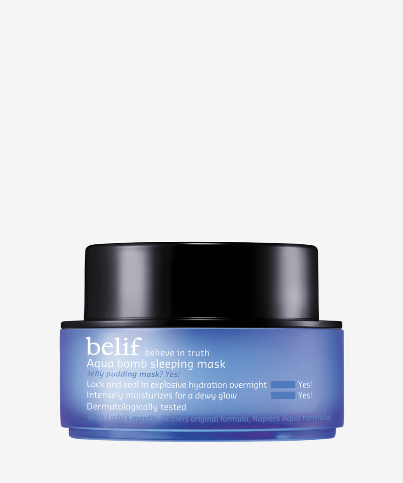 A jar of belif Aqua Bomb Sleeping Mask on a white background