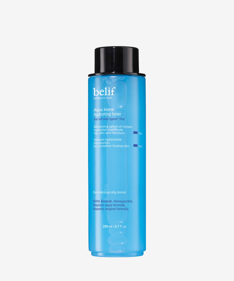A tube of belif Aqua Bomb Hydrating Toner on a white background