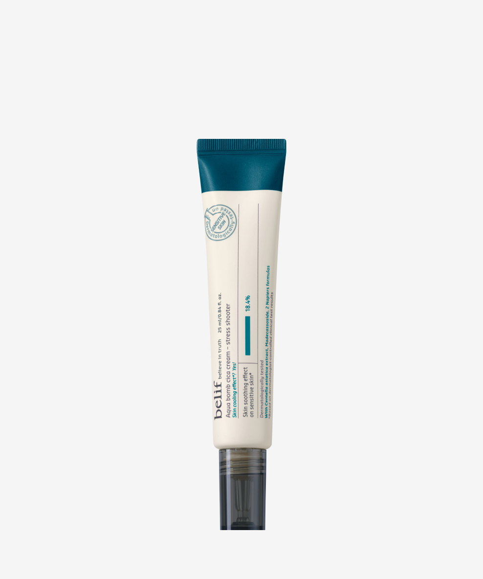 A tube of belif Aqua Bomb Cica Cream – Stress Shooter 25mL on a white background