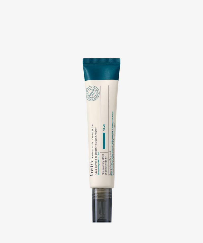 A tube of belif Aqua Bomb Cica Cream – Stress Shooter 25mL on a white background