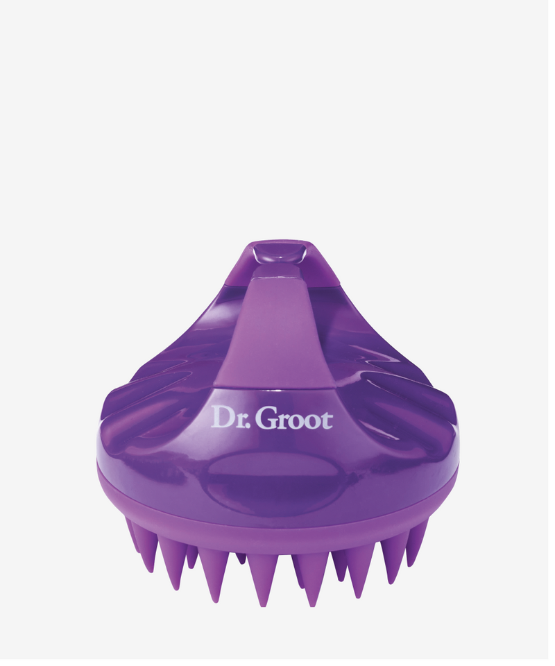 A purple Dr.Groot Premium Scalp Cleansing Brush on a white background