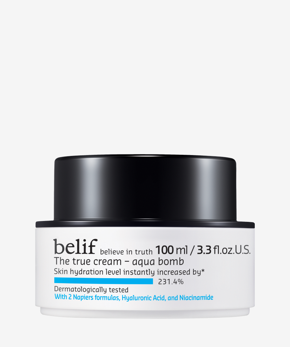 belif The True Cream Aqua Bomb K-beauty moisturizer in jar with soft texture, ideal for hydrating and plumping dry skin in 100ml