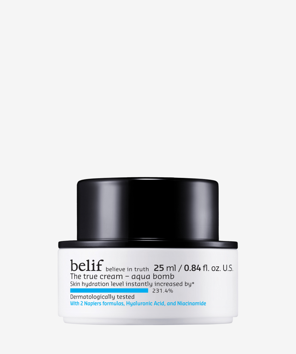 belif The True Cream Aqua Bomb K-beauty moisturizer in jar with soft texture, ideal for hydrating and plumping dry skin in 25ml