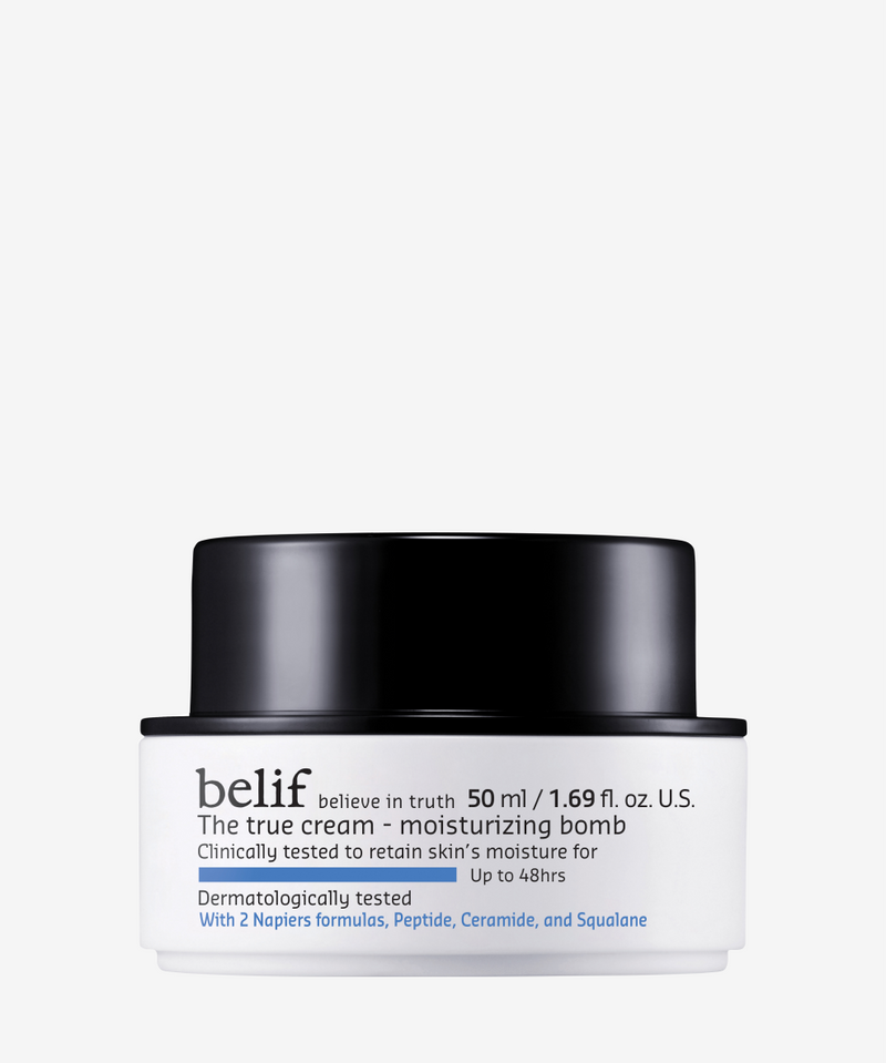 belif The True Cream Moisturizing Bomb K-beauty moisturizer in jar with a whipped, creamy texture for long-lasting hydration