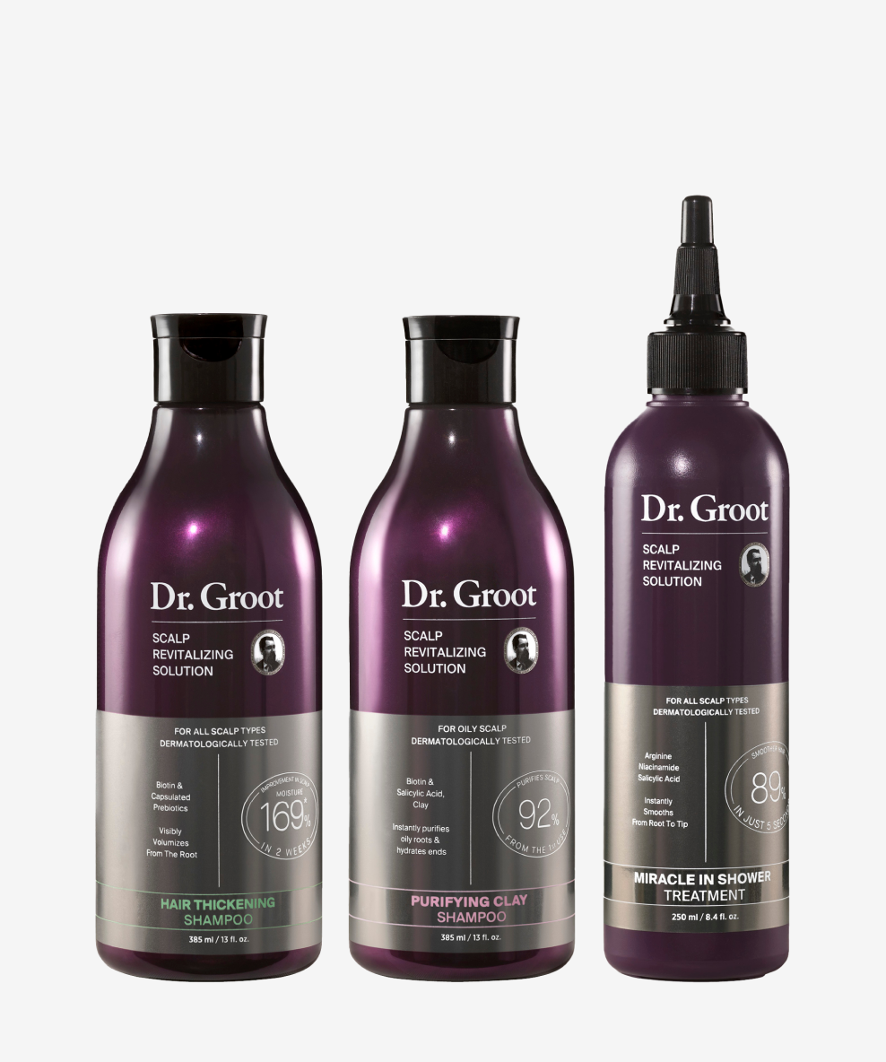 Hair & Scalp Reset Bundle featuring Scalp Revitalizing Solution Purifying Clay Shampoo, Hair Thickening Shampoo, and Miracle In-Shower Treatment for a complete scalp and hair refresh.