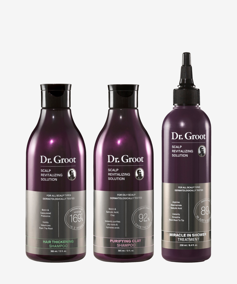 Hair & Scalp Reset Bundle featuring Scalp Revitalizing Solution Purifying Clay Shampoo, Hair Thickening Shampoo, and Miracle In-Shower Treatment for a complete scalp and hair refresh.