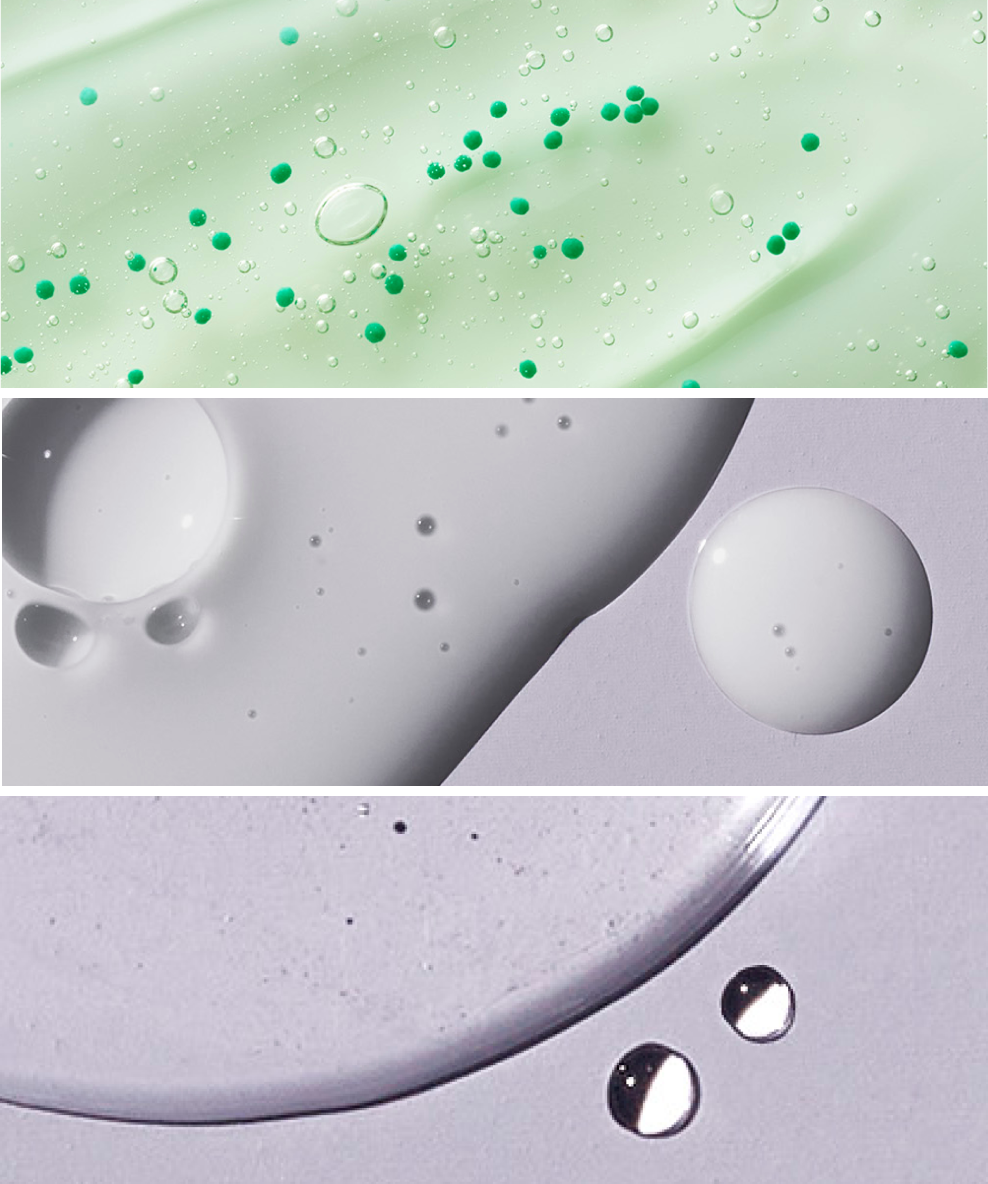 A close-up of the creamy, detoxifying Purifying Clay Shampoo, the lightweight foamy lather of the Thickening Shampoo, and the silky, nourishing Miracle In-Shower Treatment.