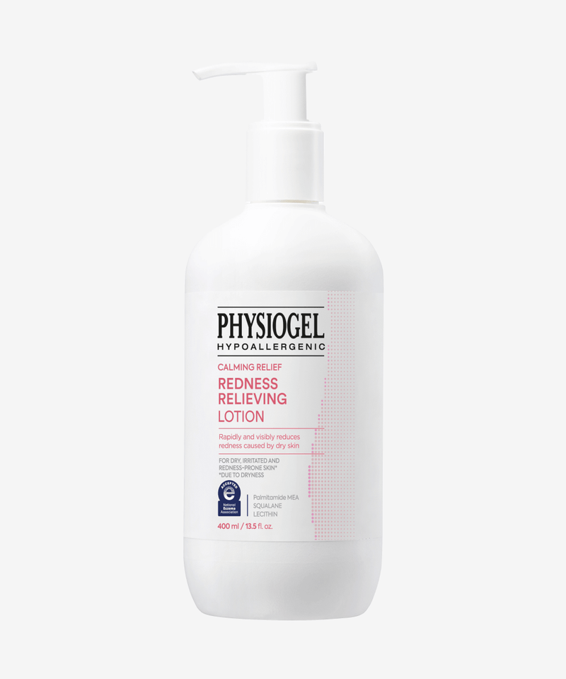 A bottle of Physiogel Calming Relief Redness Relieving Lotion on a white background